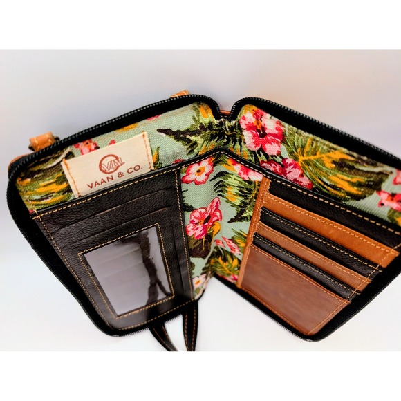 Vaan & Co Upcycled Leather Tropical Floral Crossbody Wallet Bag Yellow Black - Picture 7 of 15